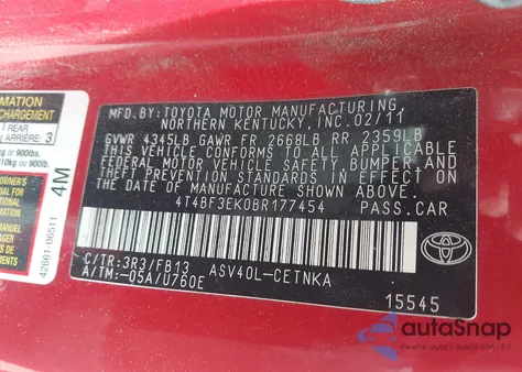 2011 Toyota Camry Le из США, поврежденный, VIN 4T4BF3EK0BR177454